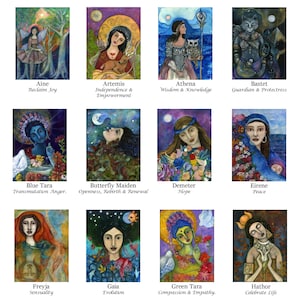 Puede incluir: Un collage de 12 pinturas coloridas que representan a varias diosas con sus nombres y cualidades asociadas escritas debajo de cada imagen. Las pinturas son de estilo acuarela y presentan una variedad de colores, incluyendo azul, verde, rojo y amarillo.