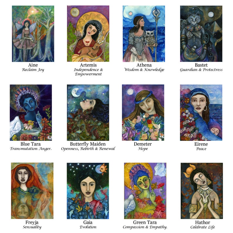 Puede incluir: Un collage de 12 pinturas coloridas que representan a varias diosas con sus nombres y cualidades asociadas escritas debajo de cada imagen. Las pinturas son de estilo acuarela y presentan una variedad de colores, incluyendo azul, verde, rojo y amarillo.