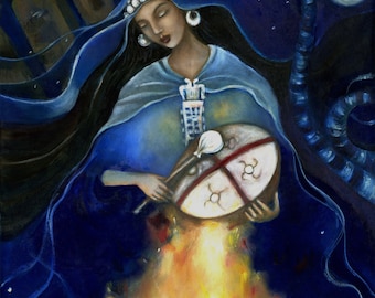 Kuyén Goddess, Mapuche Shaman art on canvas, Ancestor Altar, Past Lives, Drum Circle Goddess Art print, Machi Shaman Drum,  Moon Goddess