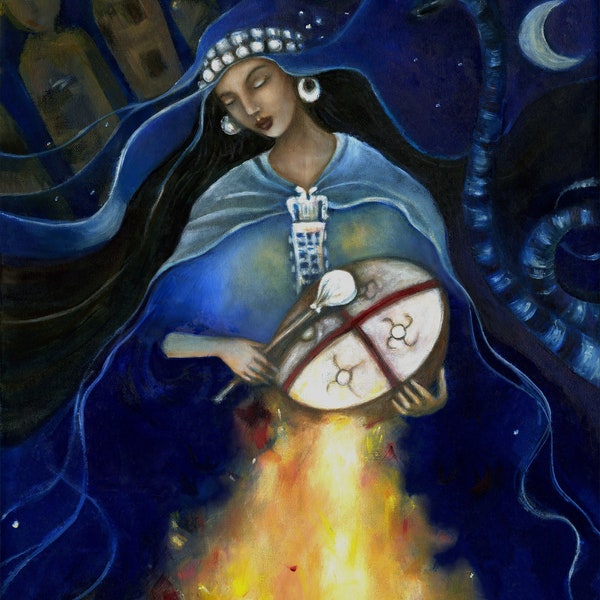 Kuyén Goddess, Mapuche Shaman art on canvas, Ancestor Altar, Past Lives, Drum Circle Goddess Art print, Machi Shaman Drum,  Moon Goddess