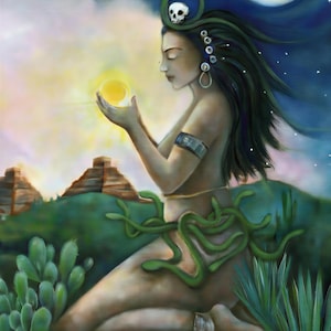 A woman with long hair and a headdress is depicted holding a yellow orb in a lush, green landscape with cacti and a full moon in the night sky.