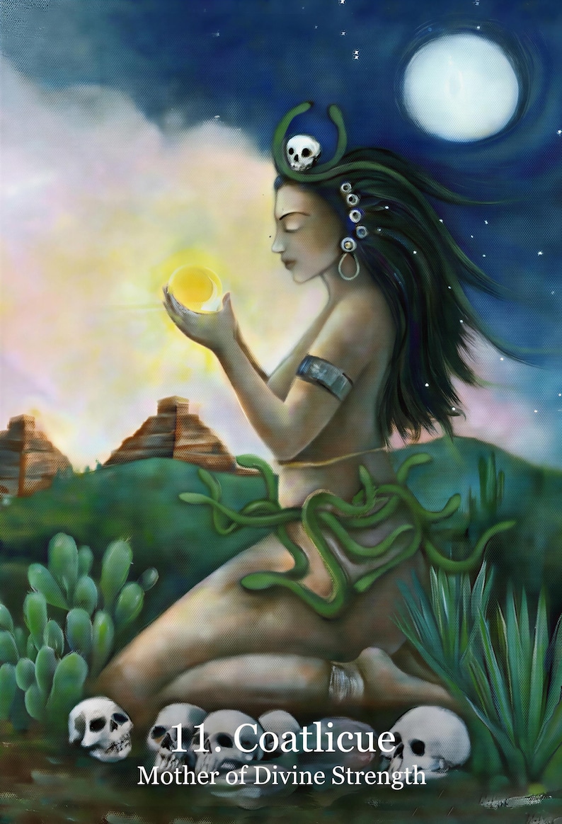 A woman with long hair and a headdress is depicted holding a yellow orb in a lush, green landscape with cacti and a full moon in the night sky.