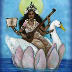 A digital illustration of a Hindu goddess, Saraswati, seated on a lotus flower and holding a book, with a white swan floating beside her. The background is a blue sky with a yellow sun.