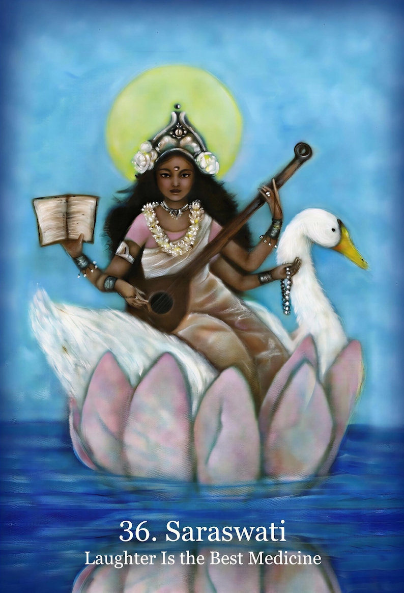 A digital illustration of a Hindu goddess, Saraswati, seated on a lotus flower and holding a book, with a white swan floating beside her. The background is a blue sky with a yellow sun.