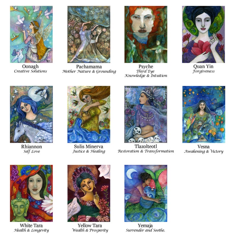 Puede incluir: Un conjunto de 12 cartas ilustradas con figuras femeninas con nombres y descripciones. Las cartas son coloridas y presentan una variedad de estilos, incluyendo acuarela, gouache y t&eacute;cnicas mixtes. Las cartas son perfectas para usar en la adivinaci&oacute;n, la meditaci&oacute;n o como inspiraci&oacute;n para proyectos creativos.