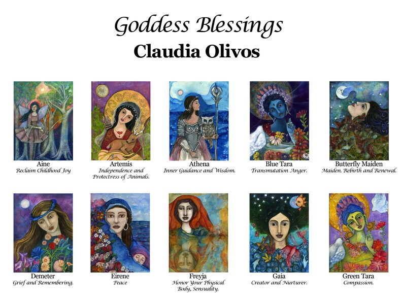 May include: A colorful illustration of ten goddess figures, each with a unique name and description. The illustrations are painted in a whimsical style with vibrant colors and intricate details.
