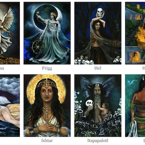 a collage of eight distinct paintings or illustrations, each depicting a different goddess or deity. The titles of the paintings are "Fortuna", "Frigida", "Hel", "Hestia", "Iris", "Ishtar", "Itzapalot", and "Lith".