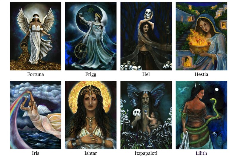 a collage of eight distinct paintings or illustrations, each depicting a different goddess or deity. The titles of the paintings are "Fortuna", "Frigida", "Hel", "Hestia", "Iris", "Ishtar", "Itzapalot", and "Lith".