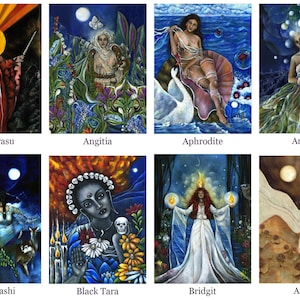a collection of eight distinct artistic representations of various goddesses, each with their own unique style and theme. The goddesses are Amaterasu, Angitria, Aphrodite, Ariadne, Asabikshi, Black Tara, Bridgit, and Ashera. Each goddess is depicted in a different artistic style, showcasing the diversity and richness of the goddesses' representations.