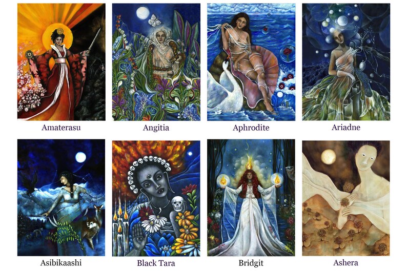 a collection of eight distinct artistic representations of various goddesses, each with their own unique style and theme. The goddesses are Amaterasu, Angitria, Aphrodite, Ariadne, Asabikshi, Black Tara, Bridgit, and Ashera. Each goddess is depicted in a different artistic style, showcasing the diversity and richness of the goddesses' representations.