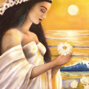 a woman with long dark hair holding a white flower, standing in front of a sunset over a body of water.