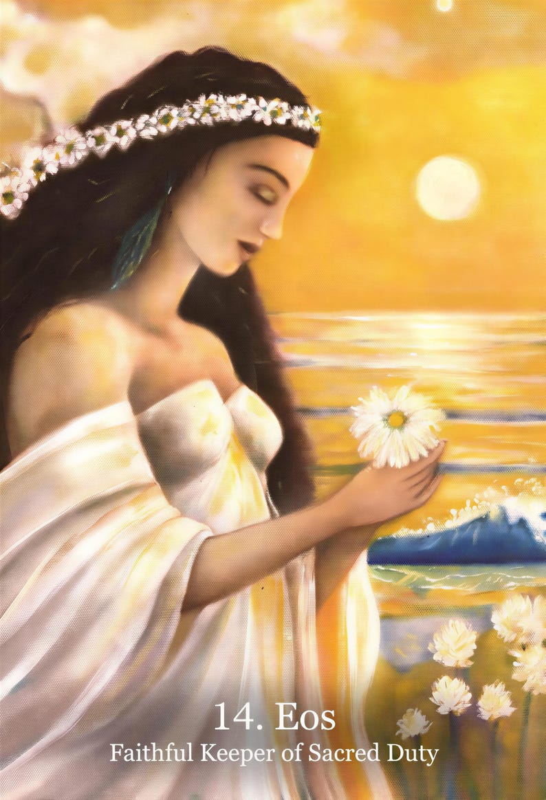 a woman with long dark hair holding a white flower, standing in front of a sunset over a body of water.