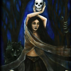 a woman with a skull on her head, surrounded by a pack of skulls, with a wolf in the background.