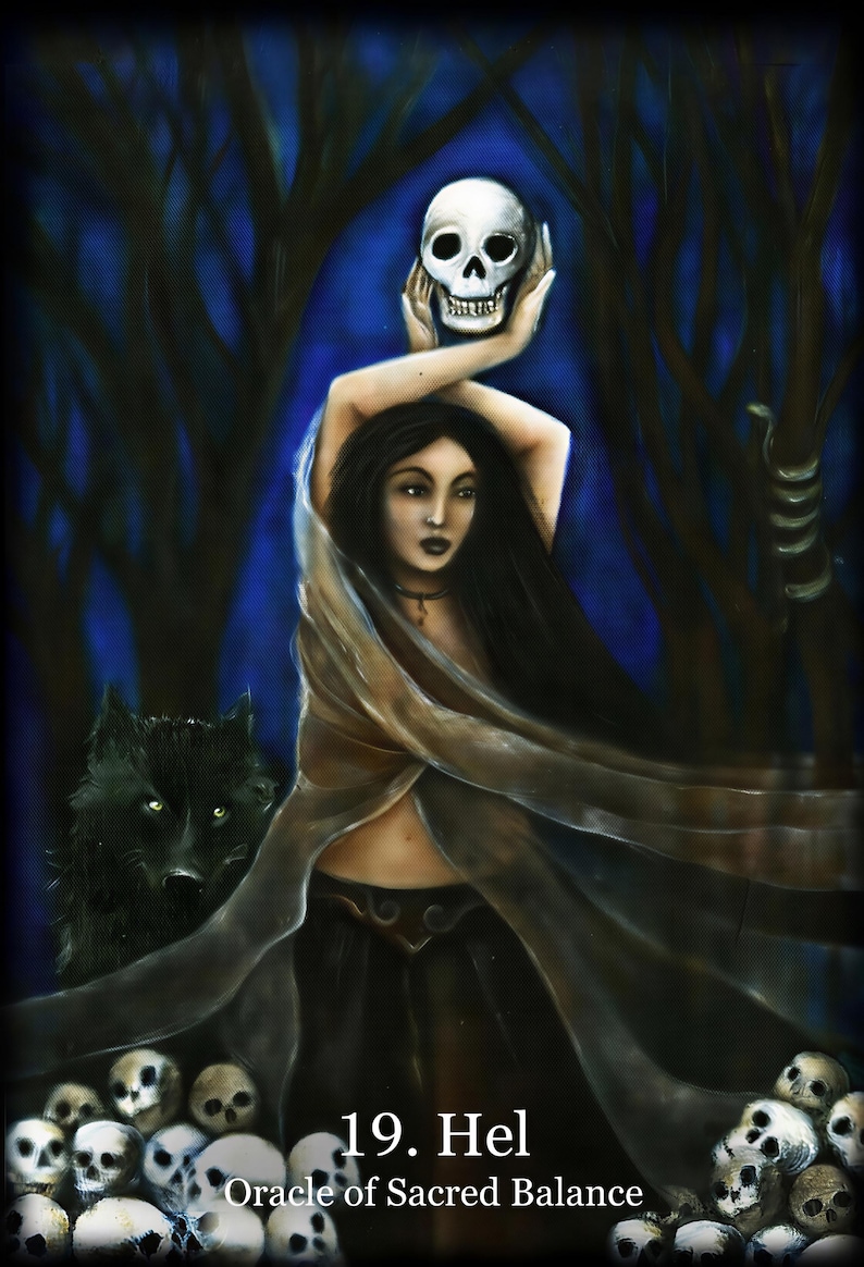 a woman with a skull on her head, surrounded by a pack of skulls, with a wolf in the background.