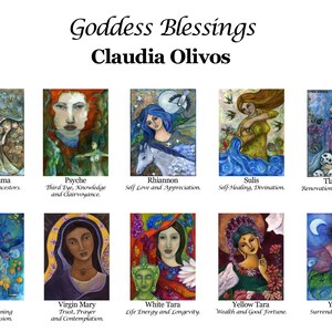 May include: A colorful collage of ten goddess cards with illustrations and names of each goddess. The cards are arranged in two rows of five. Each card features a different goddess with a unique illustration and a description of her attributes. The goddesses are: Pachamama, Psyche, Rhiannon, Sulis, Tlazolteotl, Vesna, Virgin Mary, White Tara, Yellow Tara, and Yemaja.