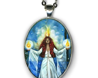 Bridgit Bringer of the Light, Goddess Art, inspirational silver Jewelry, Pagan statement necklace