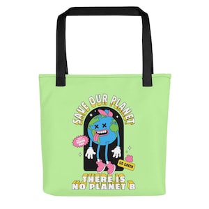 Sacola ecológica Save Our Planet Earth Day, divertida estampa gráfica ecológica de desenho animado da Terra - Bolsa tote HQ com estampa retrô frontal