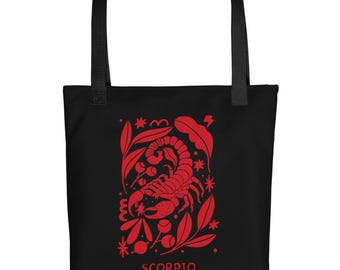 Scorpio Zodiac Tote Bag, Horoscope Astrology Gift, Red Scorpion Print