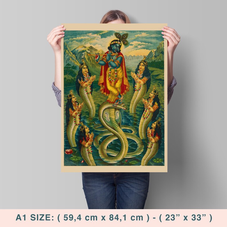 May include: A poster featuring a vibrant depiction of a deity playing a flute, surrounded by figures with serpent bodies. The artwork showcases a rich color palette with detailed illustrations. The poster measures 23 inches by 33 inches.