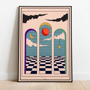 Stampa artistica Dreamy Archways – Decorazione murale minimalista celeste – Poster di alta qualità, carta semi-lucida di alta qualità