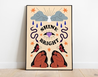 Shine Bright Mystical Art Print, Self-Growth Inspirational Poster, Positive Wall Art