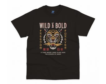 T-shirt avec impression d'art tatouage japonais tigre, col rond unisexe