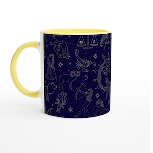 Zodiac Constellation, Celestial Astrology Design, Cosmo Space Artwork Illustration Mug Yellow or Pink - Premium Print Ceramic Mug