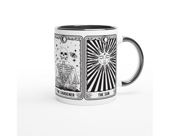 Taza gótica de tarot, El jardinero, El sol, taza de café en blanco y negro