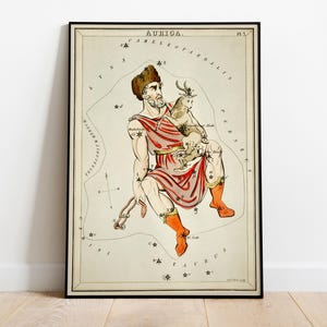 Auriga-sterrenbeeld, vintage sterrenkaart, antieke hemelse astronomieprint - schilderij woondecoratie, poster hoofdkwartier - premium halfglanzend papier