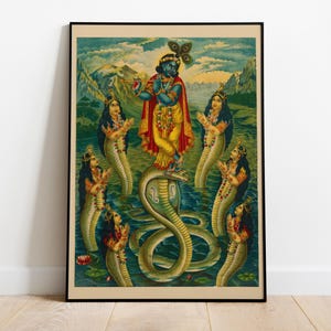 May include: A framed vintage print depicting a blue-skinned deity playing a flute, standing on a serpent, surrounded by figures with serpent-like lower bodies. The artwork features vibrant colors and a detailed illustration style, set against a backdrop of water and mountains.