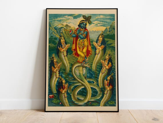 Krishna Poster - Vintage Hindu Art Print - Spiritual Wall Decor Gift