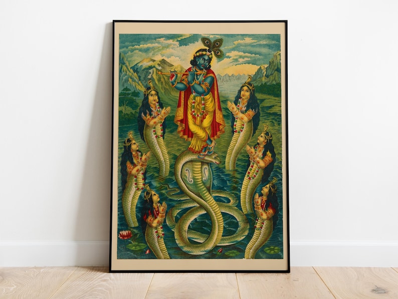 May include: A framed vintage print depicting a blue-skinned deity playing a flute, standing on a serpent, surrounded by figures with serpent-like lower bodies. The artwork features vibrant colors and a detailed illustration style, set against a backdrop of water and mountains.