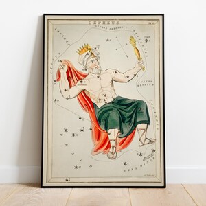 Constellation de Céphée, carte des étoiles vintage, impression d'art mural céleste - peinture décoration d'intérieur, affiche de haute qualité - papier semi-brillant premium