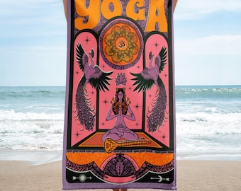 May include: A rectangular beach towel featuring a vibrant pink and orange graphic design. The word YOGA is printed in large orange letters at the top. The illustration includes two peacocks, a central figure in a meditative pose, an Om symbol, and a sitar. The text open your mind is repeated along the bottom border.
