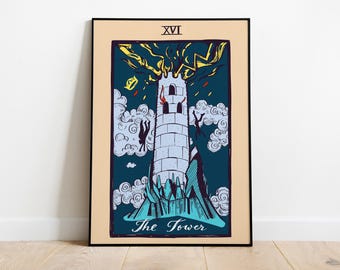 The Tower Tarot Poster - Pamela Colman Smith - Rider Waite Tarot Deck Art Decor Gift