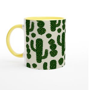 Kaktus-Muster-Kaffeetasse mit rosa oder gelbem Griff, niedliches Wüsten-inspiriertes Geschenk - Kunstwerk-Druck-Illustration, erstklassiger Druck Keramiktasse