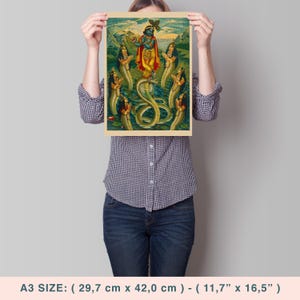 May include: A3 size poster (11.7" x 16.5") featuring a colorful illustration of a deity standing on a serpent, surrounded by figures with serpent hoods. The artwork has a vintage aesthetic with a detailed landscape background.