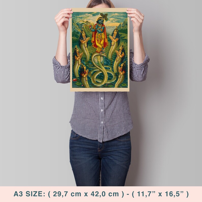 May include: A3 size poster (11.7" x 16.5") featuring a colorful illustration of a deity standing on a serpent, surrounded by figures with serpent hoods. The artwork has a vintage aesthetic with a detailed landscape background.