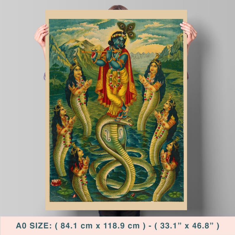 May include: A poster featuring a vibrant illustration of a deity playing a flute, standing atop a serpent, surrounded by figures with serpent-like lower bodies. The artwork is set against a backdrop of water and mountains, with a color palette of blues, greens, and yellows. The poster measures 33.1" x 46.8".