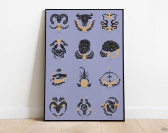 Mystical Zodiac Poster - Celestial Astrology Art Print - Horoscope Lover Gift