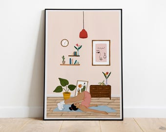 Arte mural de yoga Halasana, ilustración moderna de yoga para el hogar, decoración minimalista de meditación - Póster de alta calidad