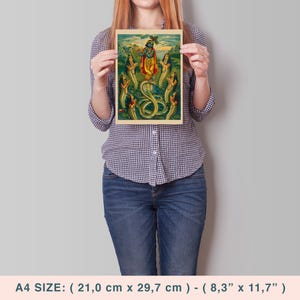 May include: A4 size print featuring a colorful illustration of a deity standing on a serpent, surrounded by figures with serpent-like bodies. The artwork has a vintage aesthetic with vibrant colors and intricate details. The print measures 8.3" x 11.7".