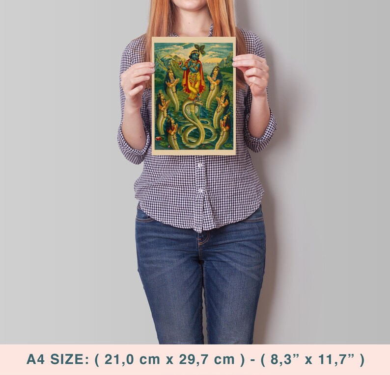 May include: A4 size print featuring a colorful illustration of a deity standing on a serpent, surrounded by figures with serpent-like bodies. The artwork has a vintage aesthetic with vibrant colors and intricate details. The print measures 8.3" x 11.7".
