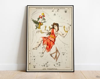 Stara mapa konstelacji Andromedy, antyczny plakat z mapą gwiazd astronomicznych, niebiańska sztuka ścienna