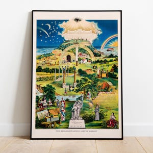 Peut inclure: Une affiche vintage encadrée avec une illustration colorée et détaillée. L'œuvre représente un paysage avec des personnages, des bâtiments et des éléments célestes comme un arc-en-ciel, des étoiles et un œil. Le texte en bas se lit "THE INEXPLICABLE MYSTIC LIGHT OF HARMONY."