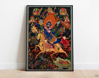 May include: A framed, colorful Tibetan Buddhist thangka painting. The artwork depicts a central blue deity riding a horse, surrounded by other figures and creatures. The painting features vibrant colors and intricate details, with a black frame.