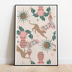 Eleganza esotica: poster d'arte vintage con leopardo e fiori, poster di illustrazioni artistiche di alta qualità - carta semi-lucida di alta qualità