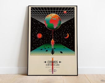 Surreal Earth and Space Poster, Retro Cosmic Art Print, Wall Decor