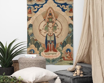Avalokiteshvara Tapestry - Tibetan Buddhist Art Flag - Meditation Room Decor