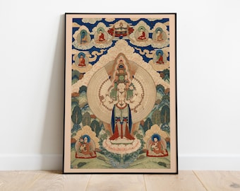 Avalokiteshvara Poster - Bodhisattva of Compassion - Vintage Tibetan Art Print - Buddhist Wall Decor Gift